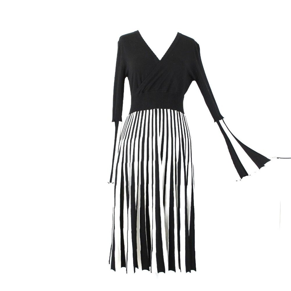 Avantlook Sz M Black White V Neck Striped Surplice 100% Polyester Dress